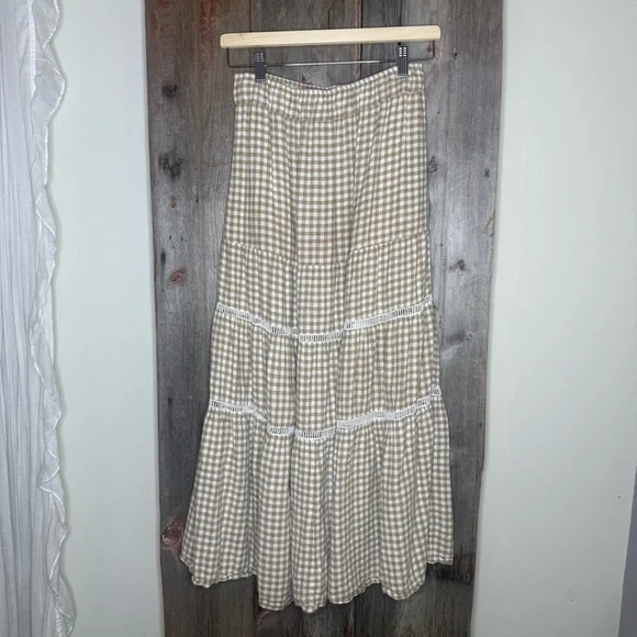 Madewell Gingham Tiered Linen Blend Maxi Skirt Tan Cream XS - Picture 5 of 11